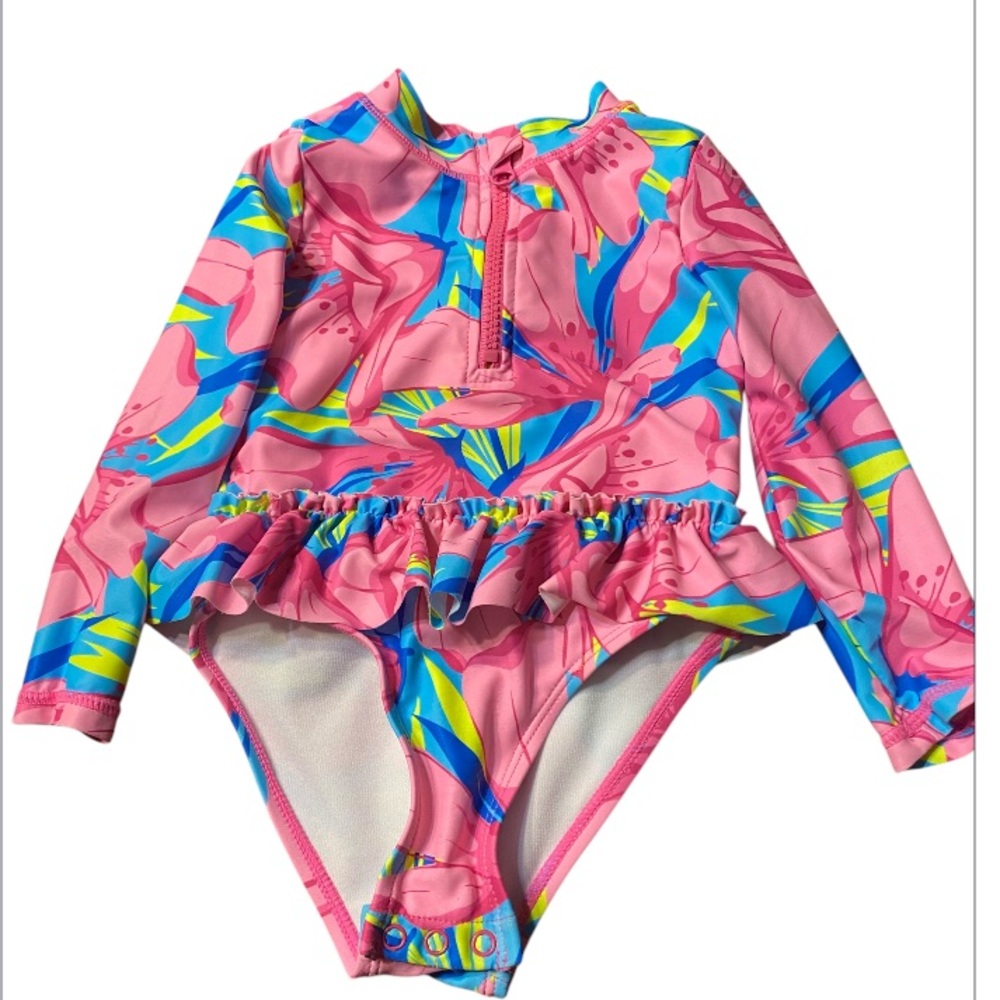 Tommy Bahama Floral Long Sleeve Swimsuit - Pink and Blue. Size 24 month.
